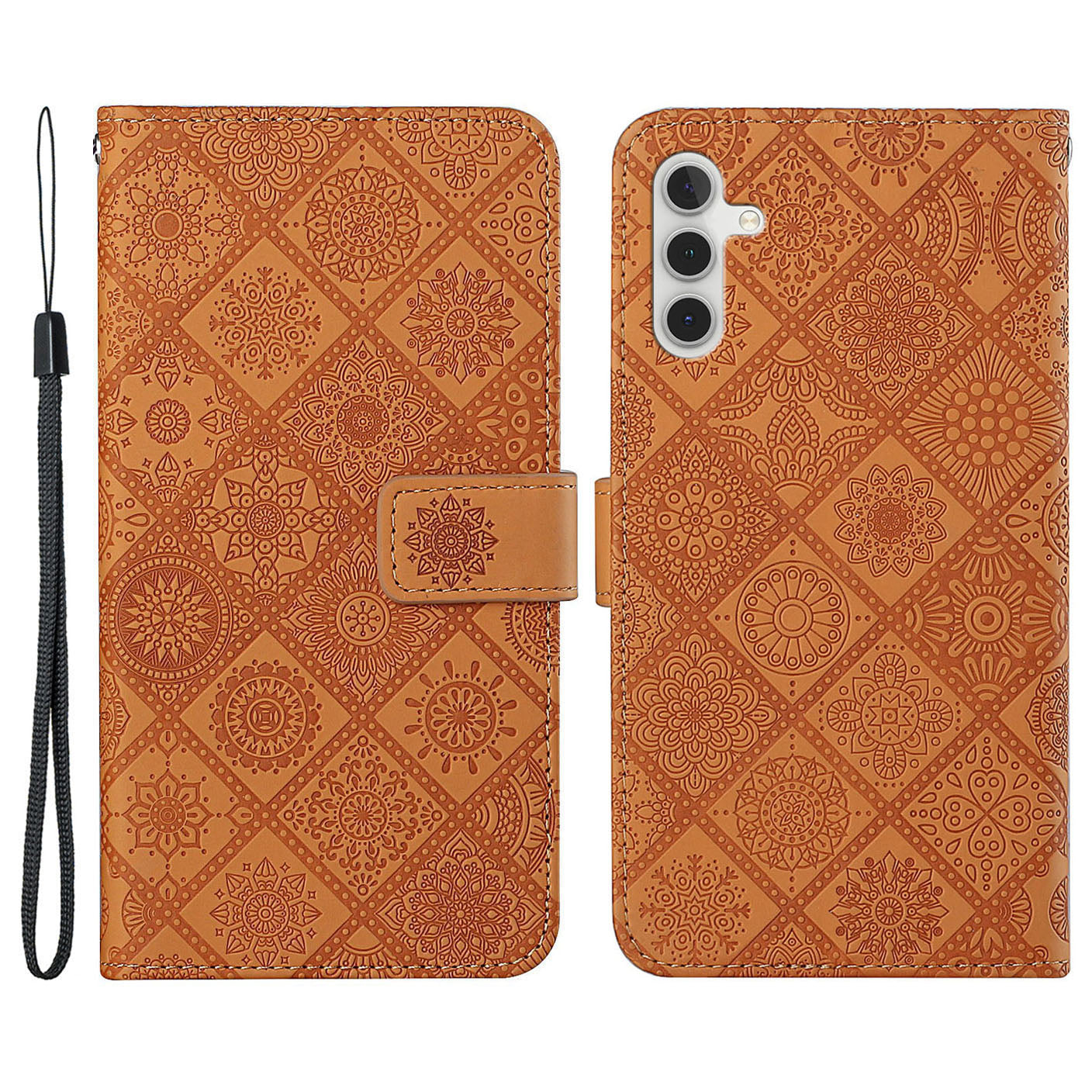 For Samsung Galaxy A35 5G Cell Phone Case Imprinted Ethnic Flower Leather Wallet Stand Cover - Orange
