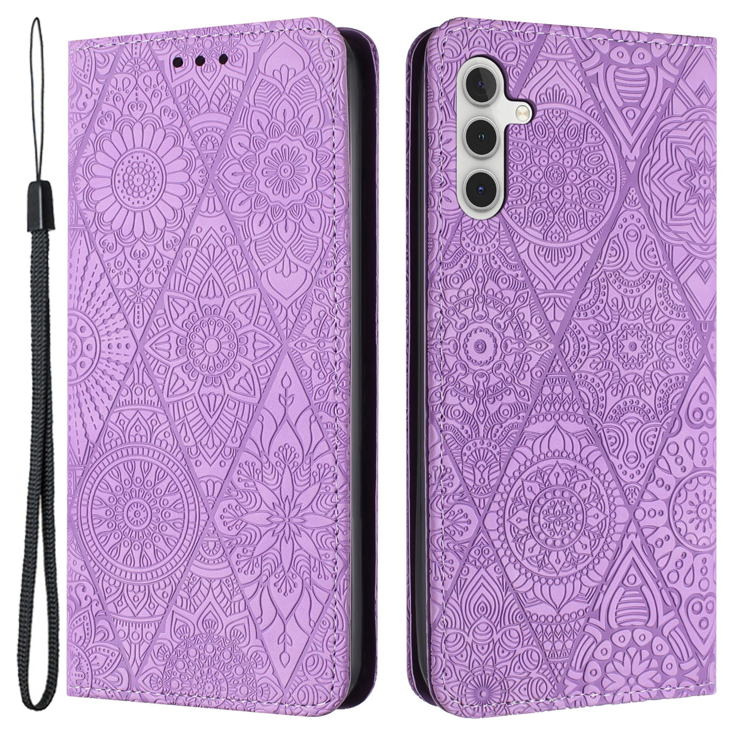 For Samsung Galaxy A55 5G Cell Phone Case Imprinted PU Leather+TPU Wallet Stand Cover - Purple