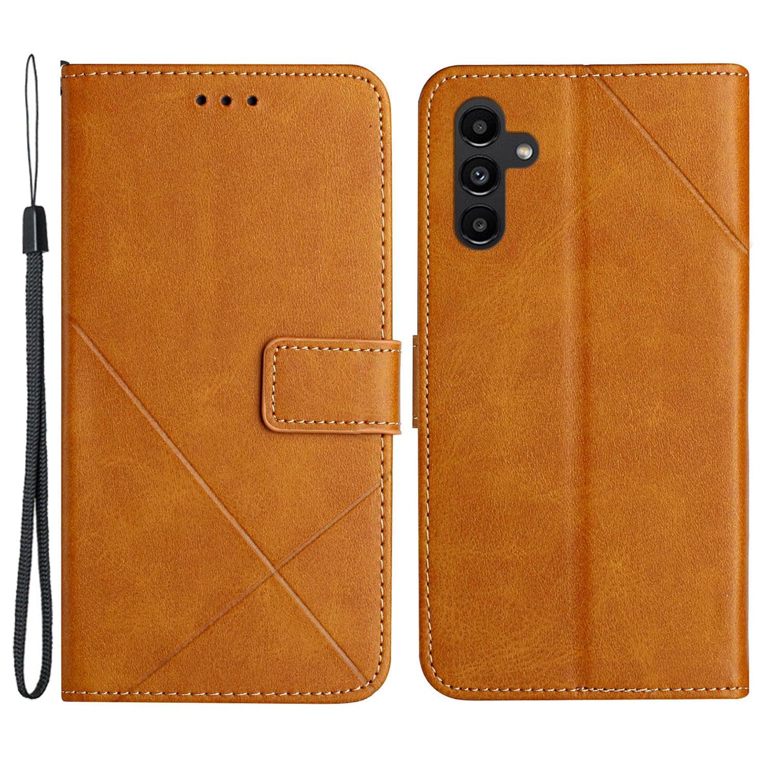 For Samsung Galaxy A55 5G Case Leather Solid Color Imprinted Cover with Wrist Strap - Yellow