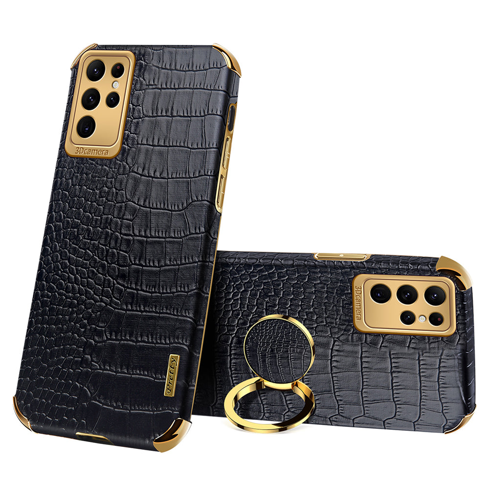For Samsung Galaxy S24 Ultra Cell Phone Case Crocodile Texture Ring Kickstand Leather+TPU Cover - Black
