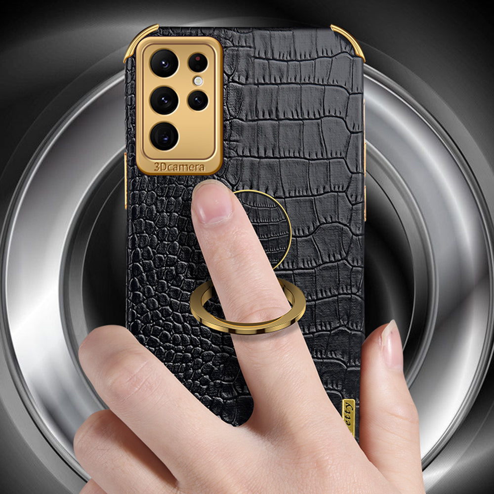 For Samsung Galaxy S24 Ultra Cell Phone Case Crocodile Texture Ring Kickstand Leather+TPU Cover - Black