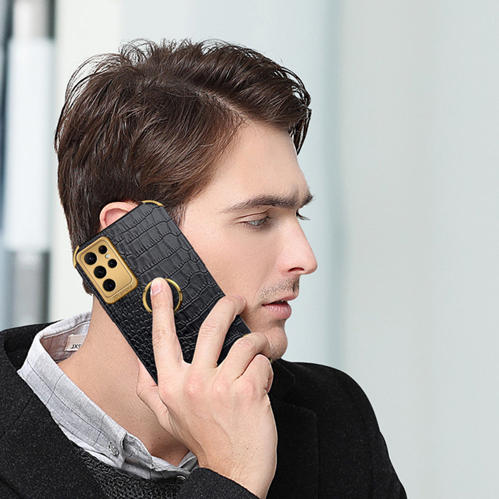 For Samsung Galaxy S24 Ultra Cell Phone Case Crocodile Texture Ring Kickstand Leather+TPU Cover - Black