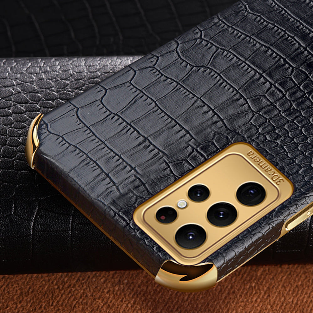 For Samsung Galaxy S24 Ultra Cell Phone Case Crocodile Texture Ring Kickstand Leather+TPU Cover - Black