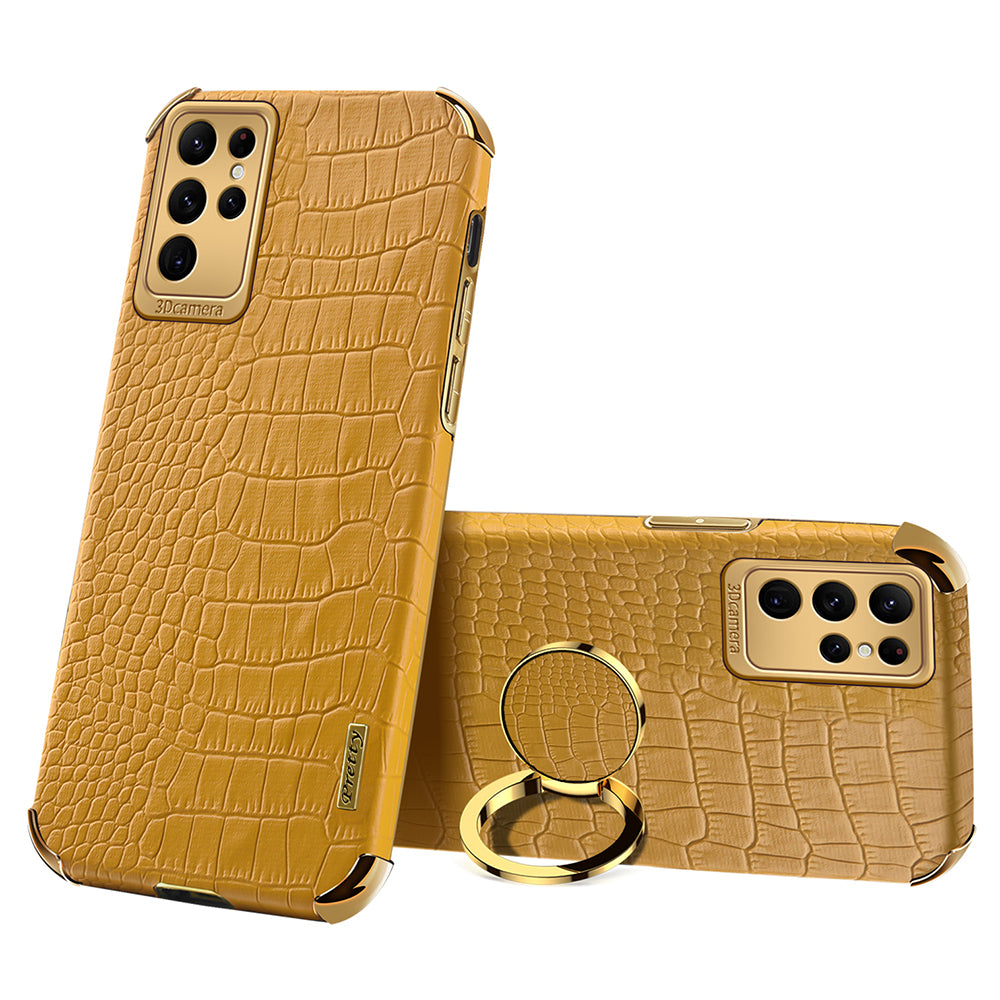 For Samsung Galaxy S24 Ultra Cell Phone Case Crocodile Texture Ring Kickstand Leather+TPU Cover - Black