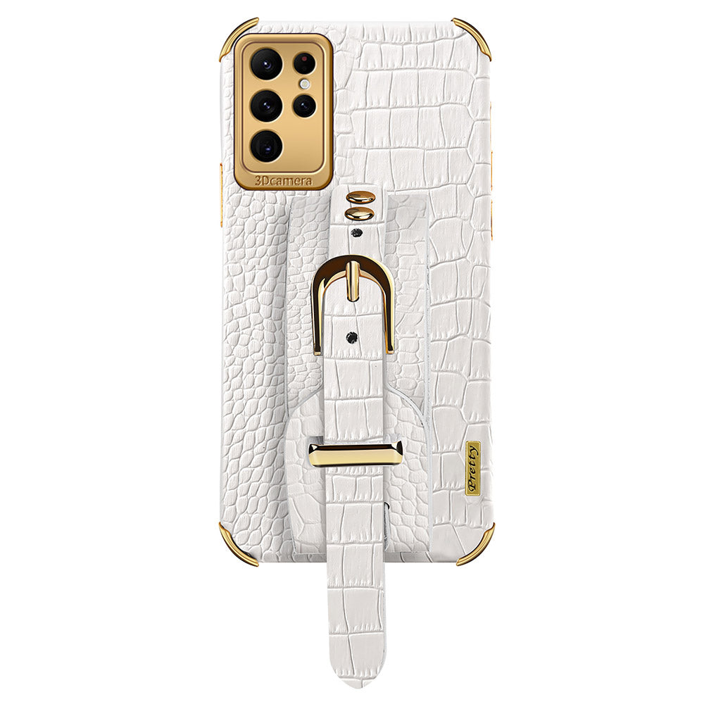For Samsung Galaxy S24 Ultra Cell Phone Case Electroplating Leather+TPU Cover with Wristband - White