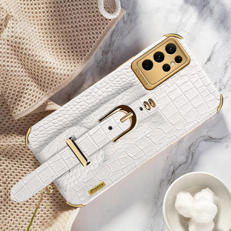 For Samsung Galaxy S24 Ultra Cell Phone Case Electroplating Leather+TPU Cover with Wristband - White