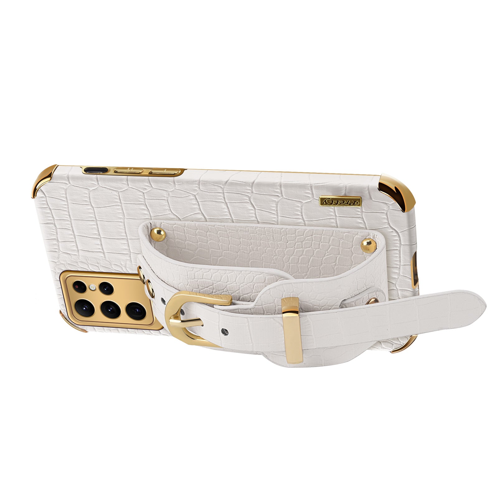 For Samsung Galaxy S24 Ultra Cell Phone Case Electroplating Leather+TPU Cover with Wristband - White