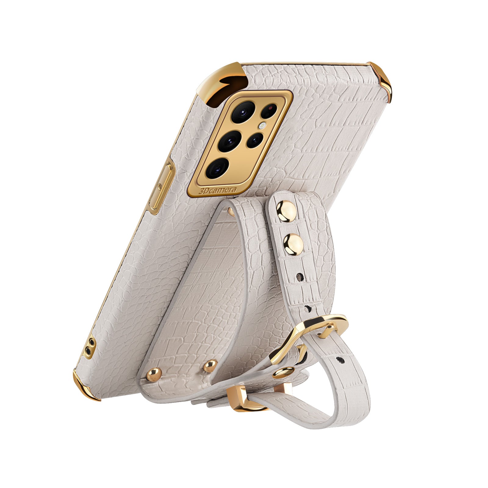 For Samsung Galaxy S24 Ultra Cell Phone Case Electroplating Leather+TPU Cover with Wristband - White