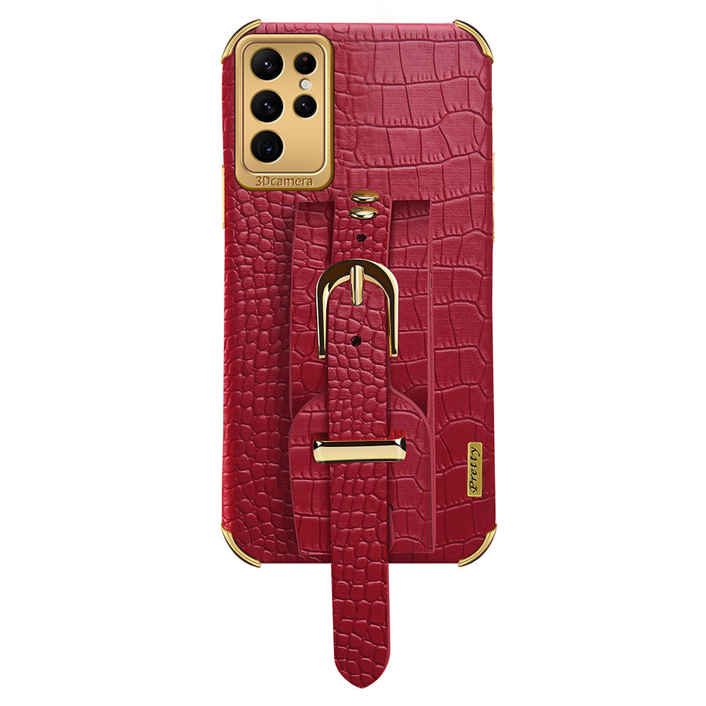 For Samsung Galaxy S24 Ultra Cell Phone Case Electroplating Leather+TPU Cover with Wristband - White