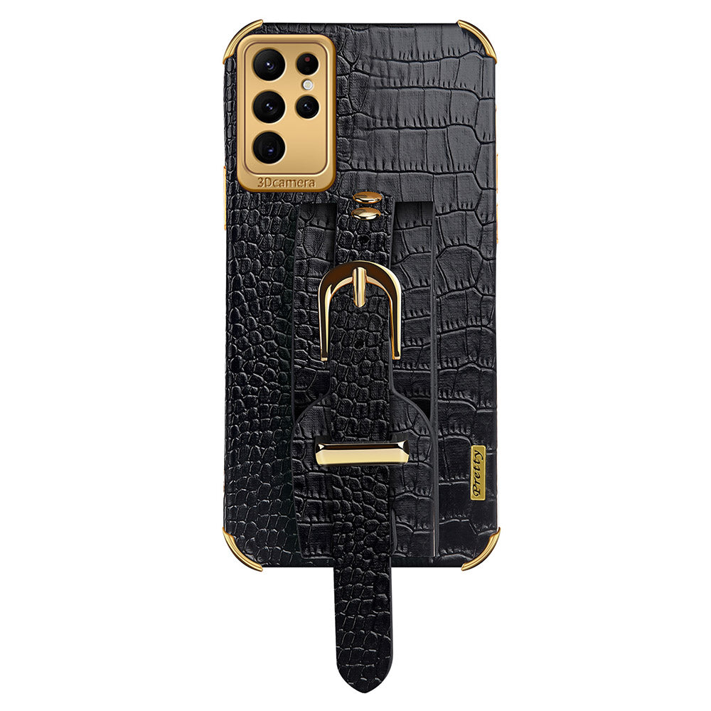 For Samsung Galaxy S24 Ultra Cell Phone Case Electroplating Leather+TPU Cover with Wristband - White