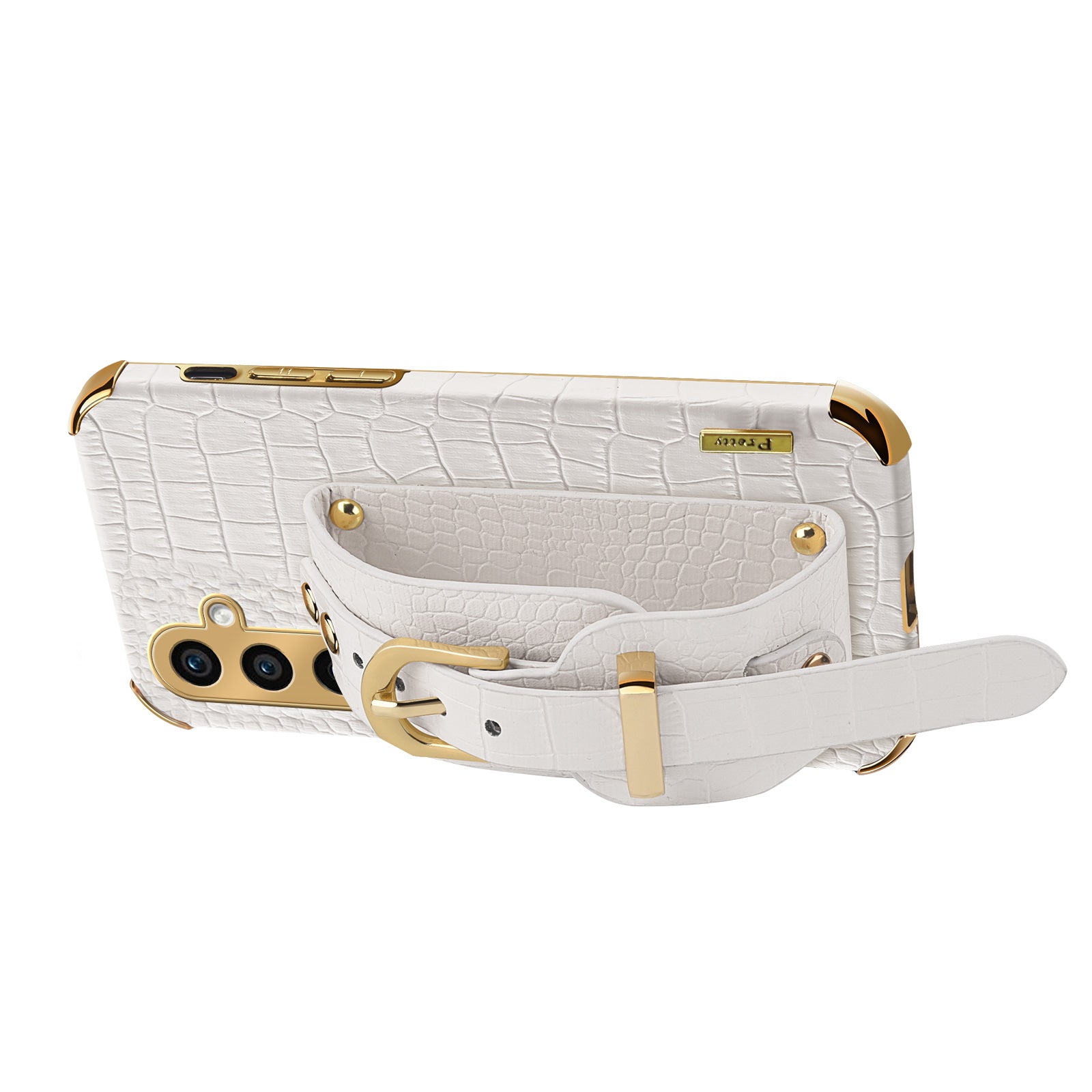 For Samsung Galaxy S24 Cell Phone Case Wristband Design 6D Electroplating Crocodile Texture Back Cover - Yellow