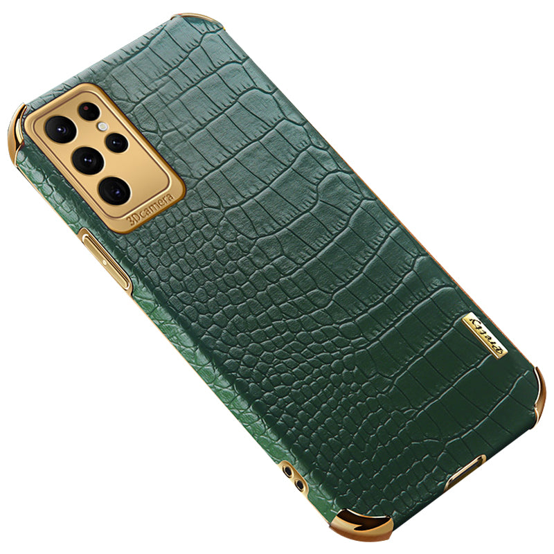 For Samsung Galaxy S24 Ultra Cell Phone Case Electroplated TPU+PU Crocodile Texture Back Cover - Black