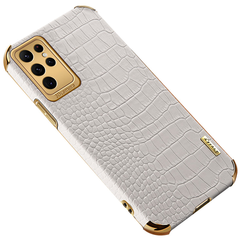 For Samsung Galaxy S24 Ultra Cell Phone Case Electroplated TPU+PU Crocodile Texture Back Cover - Black