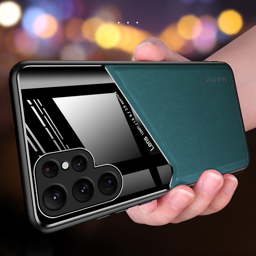 For Samsung Galaxy S24 Ultra Case Magnetic Car Mount Back Guard PU+TPU+PC Cover - Orange