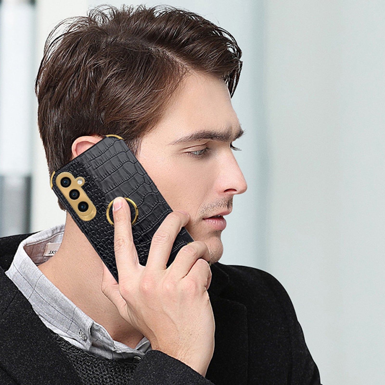 For Samsung Galaxy A05s 4G Cell Phone Case 6D Electroplating Ring Kickstand Leather+TPU Cover - Black