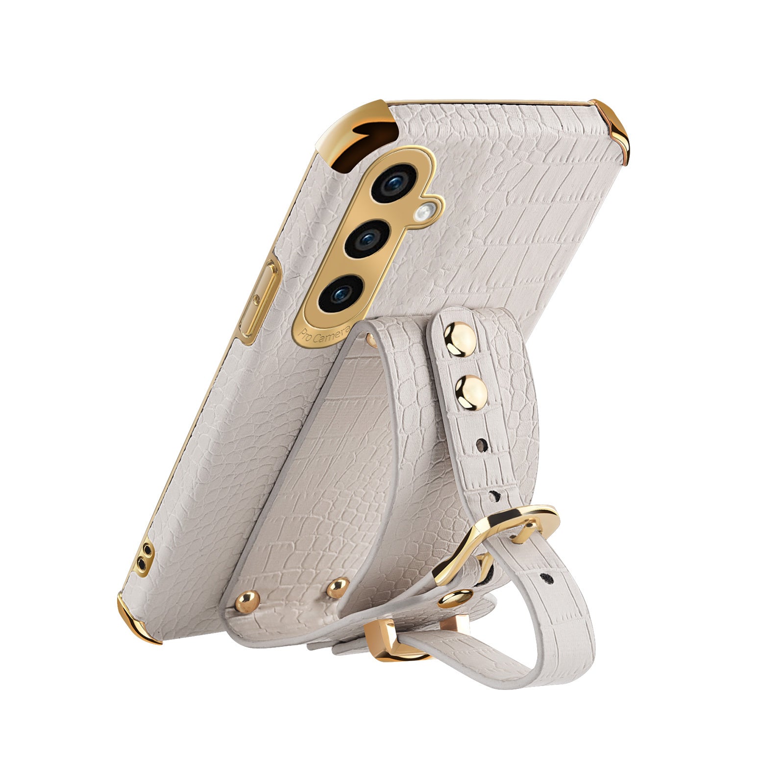 For Samsung Galaxy A05s 4G Cell Phone Case Electroplated Leather+TPU Anti-scratch Cover with Wristband - White