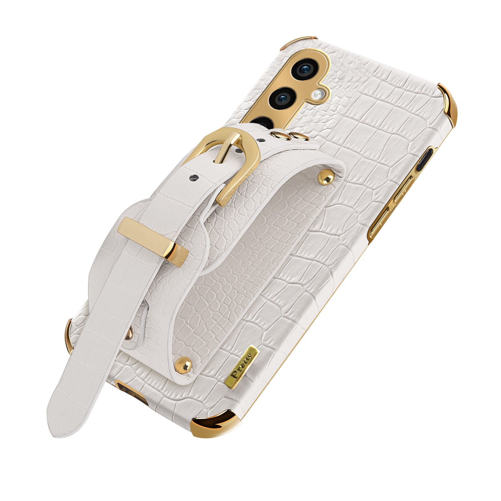 For Samsung Galaxy A05s 4G Cell Phone Case Electroplated Leather+TPU Anti-scratch Cover with Wristband - White