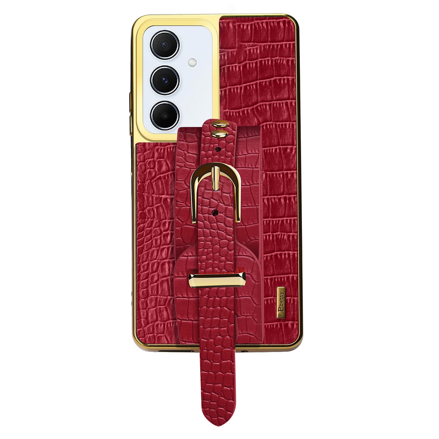 For Samsung Galaxy A55 5G Cell Phone Case Electroplating Leather+TPU Wristband Kickstand Cover - Red