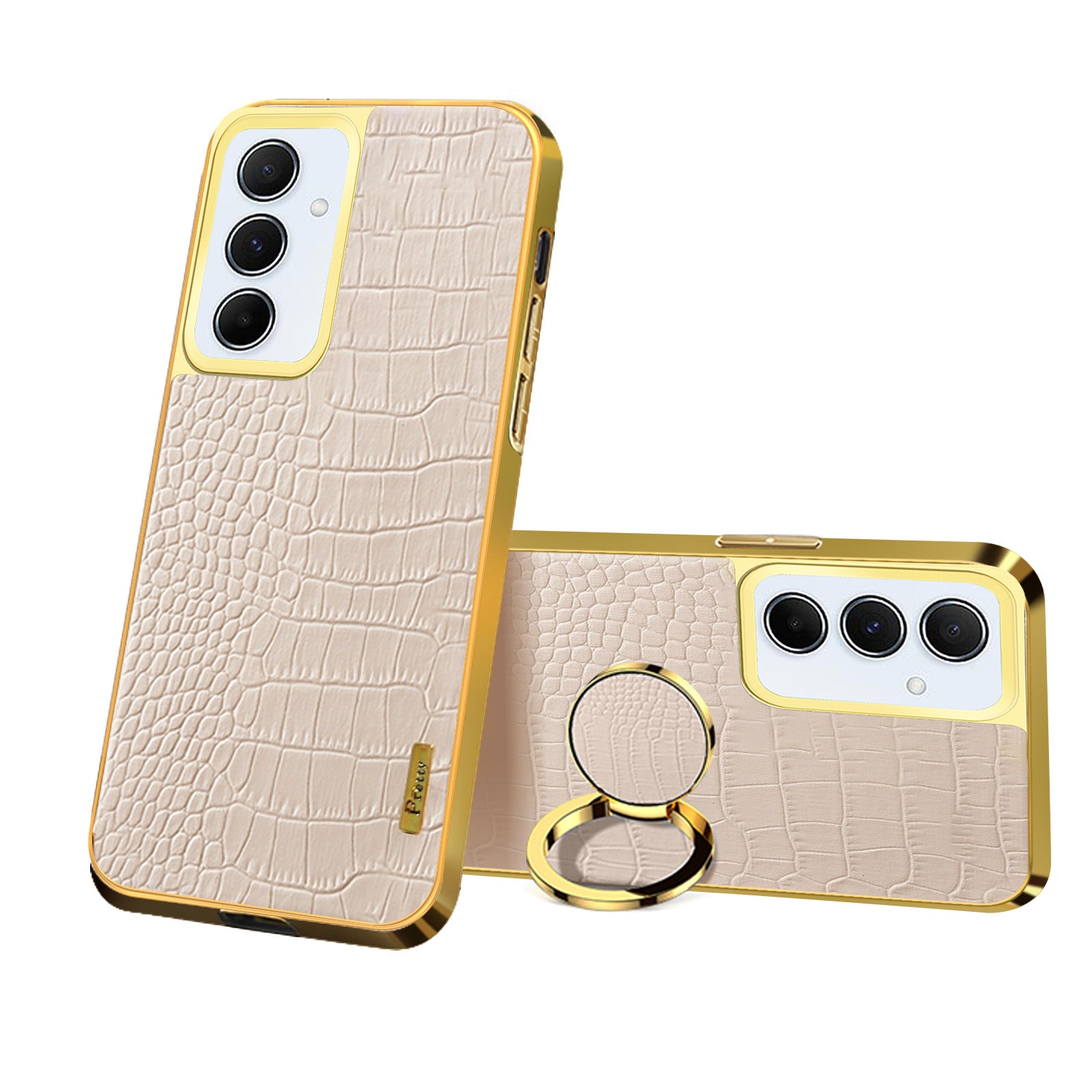 For Samsung Galaxy A55 5G Cell Phone Case Crocodile Texture Drop-proof Cover with Ring Kickstand - White