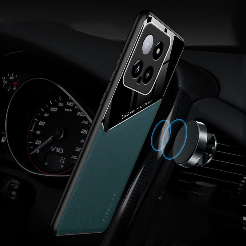 For Xiaomi 14 Cell Phone Case Anti-fall PU+TPU+PC Magnetic Car Mount Back Cover - Orange