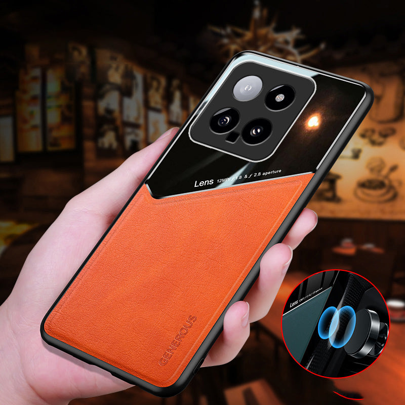 For Xiaomi 14 Cell Phone Case Anti-fall PU+TPU+PC Magnetic Car Mount Back Cover - Orange