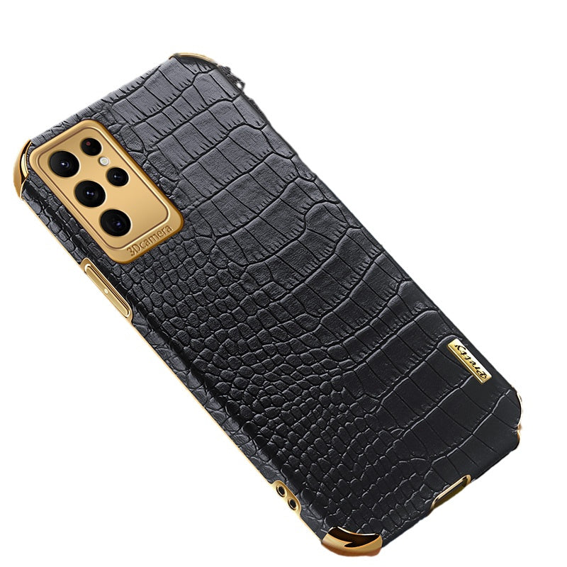 For Samsung Galaxy S23 Ultra Cell Phone Case Electroplating Crocodile Texture Back Cover - Black