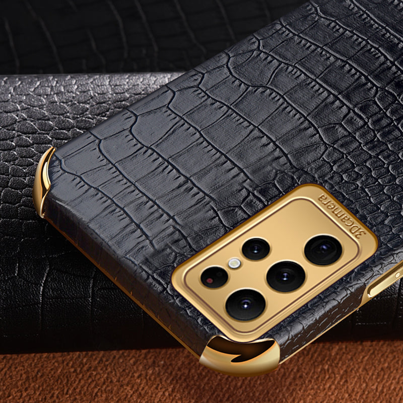 For Samsung Galaxy S23 Ultra Cell Phone Case Electroplating Crocodile Texture Back Cover - Black
