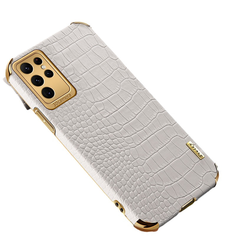 For Samsung Galaxy S23 Ultra Cell Phone Case Electroplating Crocodile Texture Back Cover - Black