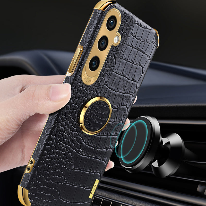 For Samsung Galaxy A15 4G / 5G Case Crocodile Texture Electroplated Phone Cover with Kickstand - Black