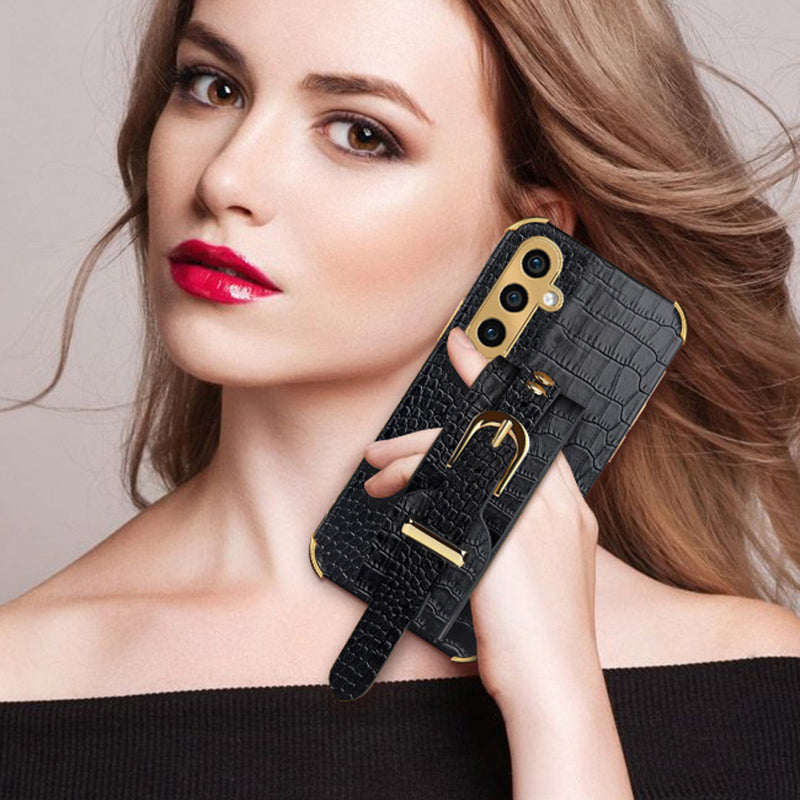 Phone Case for Samsung Galaxy A35 5G Crocodile Texture Wristband Electroplating Cover - White