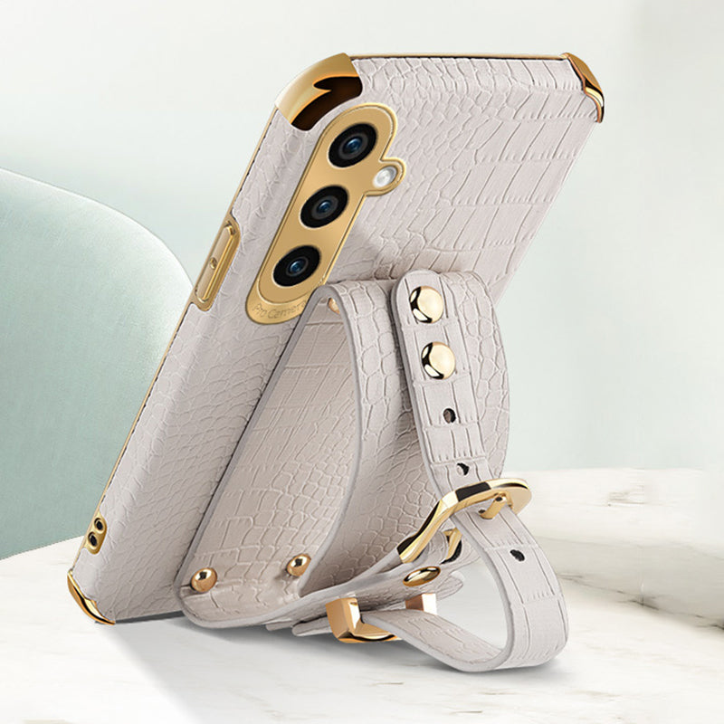 Phone Case for Samsung Galaxy A35 5G Crocodile Texture Wristband Electroplating Cover - White