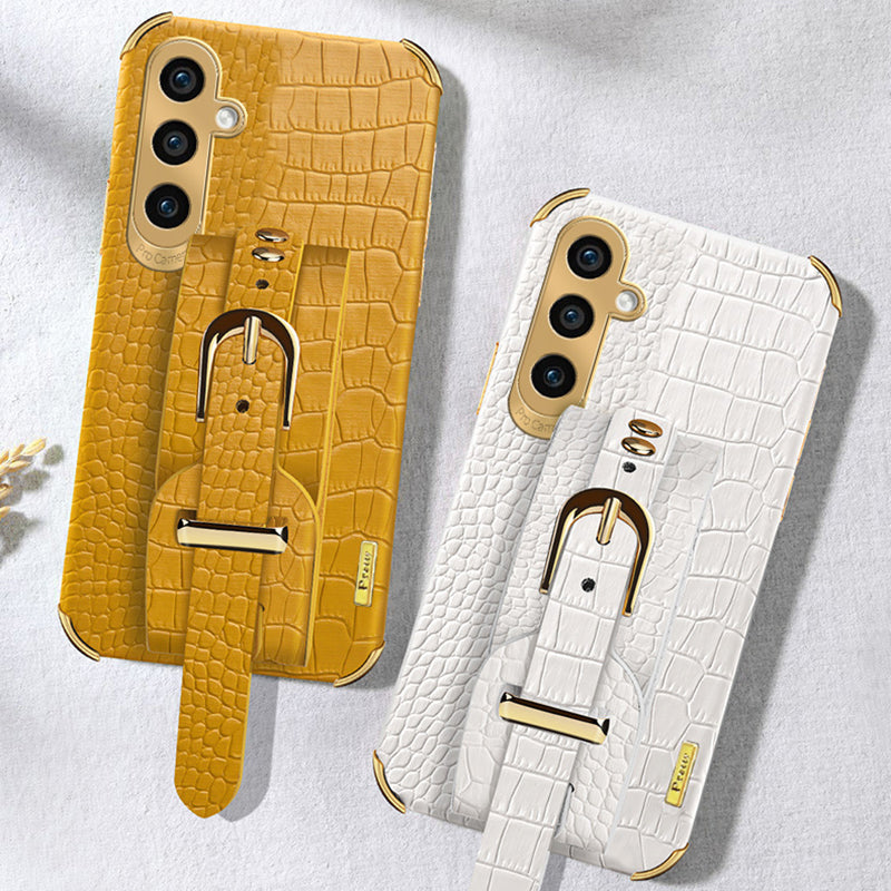 Phone Case for Samsung Galaxy A35 5G Crocodile Texture Wristband Electroplating Cover - White