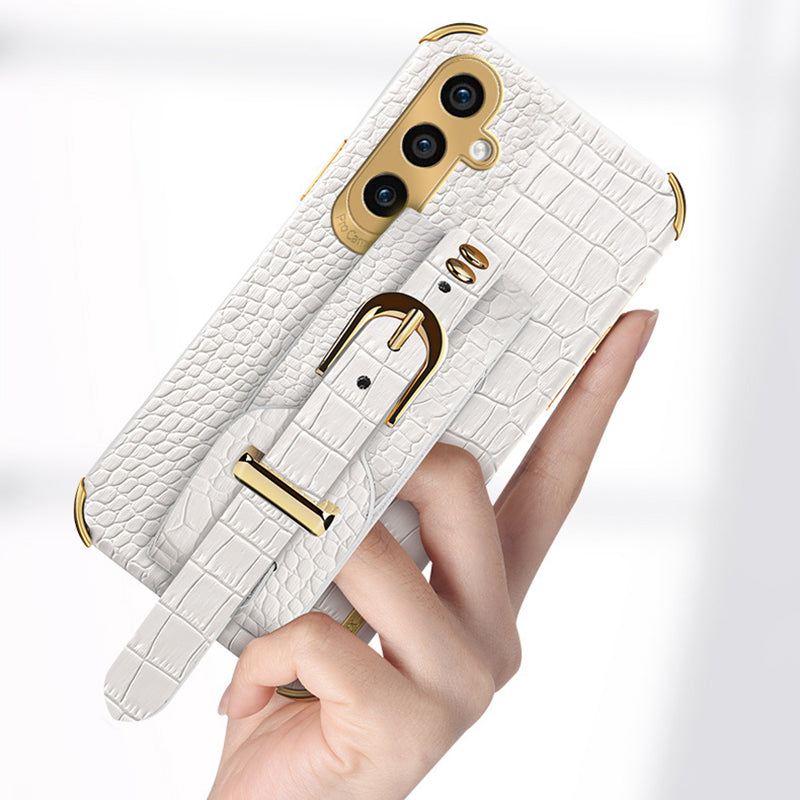 Phone Case for Samsung Galaxy A35 5G Crocodile Texture Wristband Electroplating Cover - White