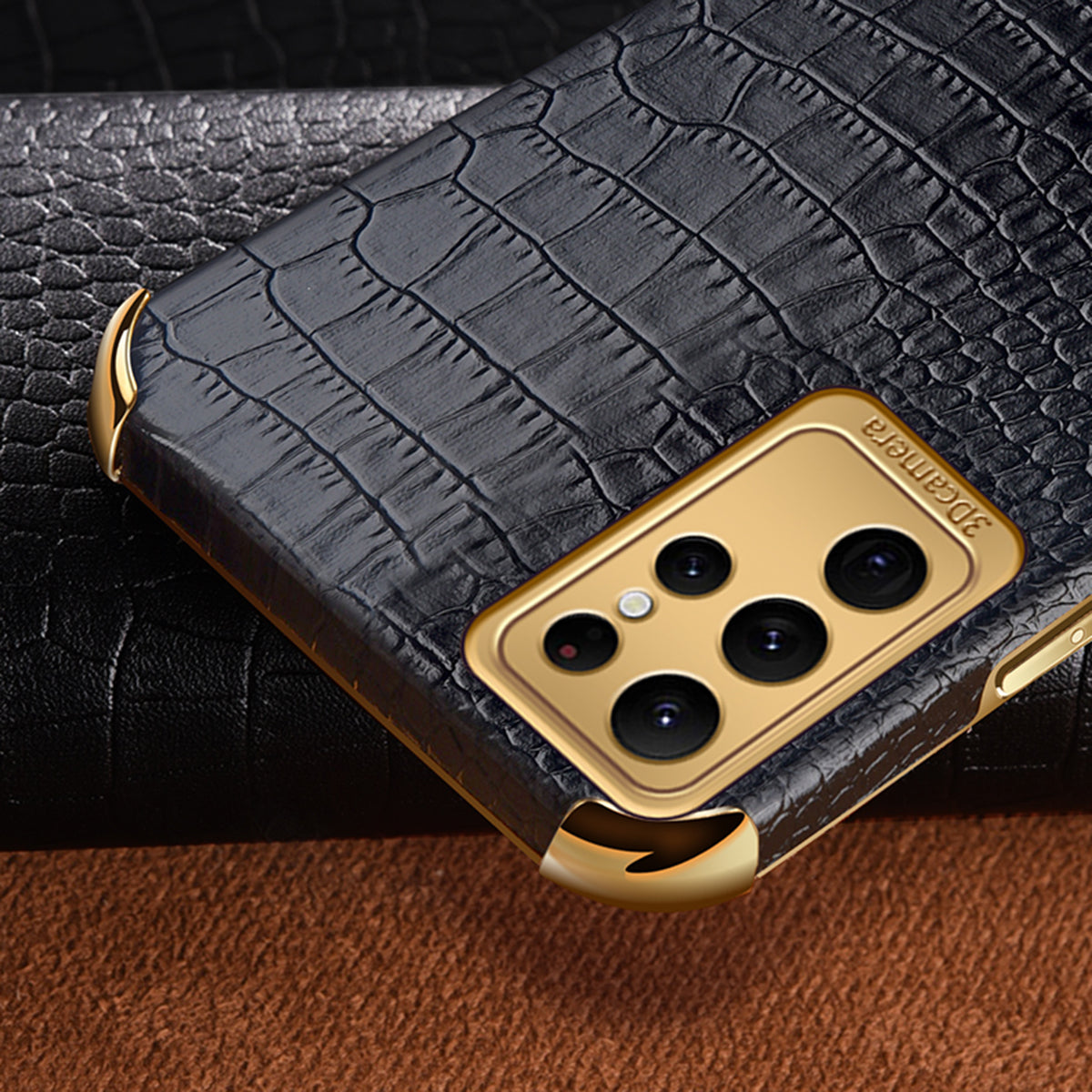 For Samsung Galaxy S22 Ultra 5G Crocodile Texture Cell Phone Case 6D Electroplating Cover - Black