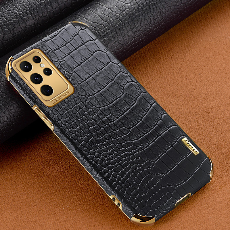 For Samsung Galaxy S22 Ultra 5G Crocodile Texture Cell Phone Case 6D Electroplating Cover - Black