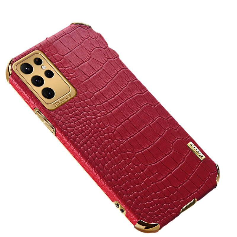 For Samsung Galaxy S22 Ultra 5G Crocodile Texture Cell Phone Case 6D Electroplating Cover - Black