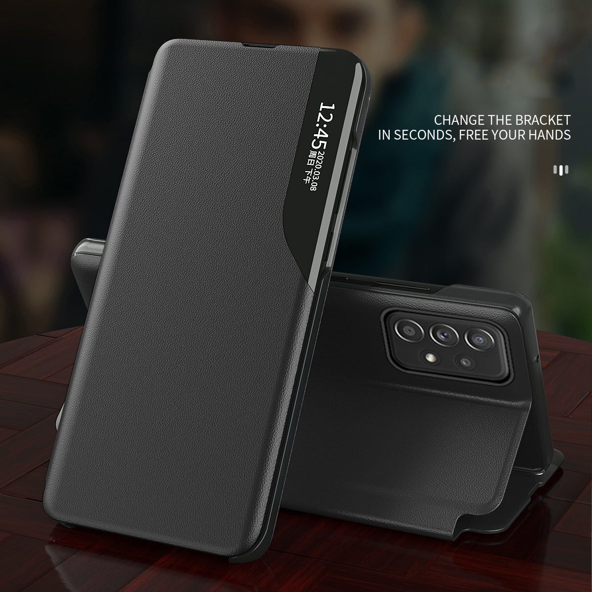 For Samsung Galaxy A13 4G Leather Case View Window Foldable Stand Phone Cover - Black