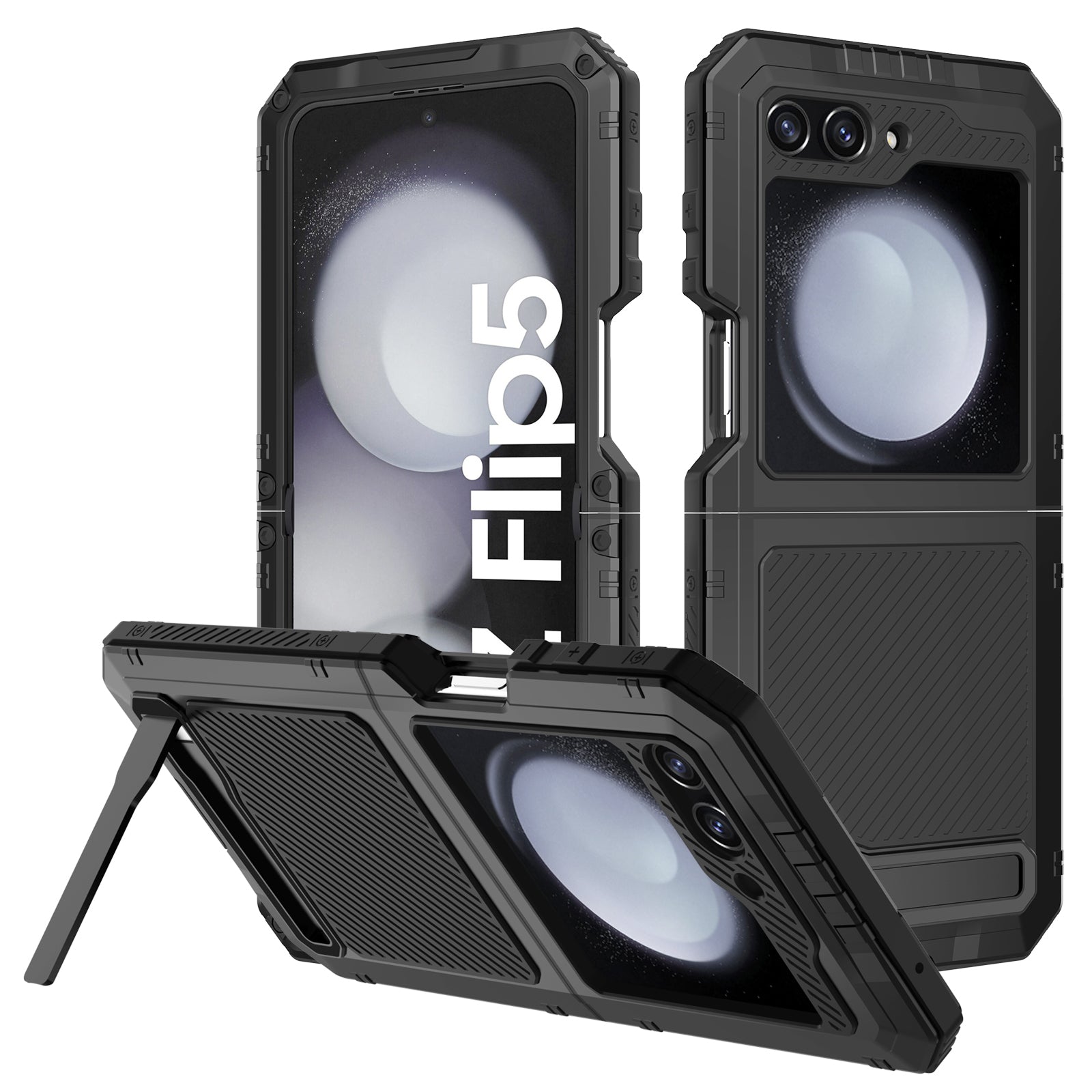 For Samsung Galaxy Z Flip5 5G Shockproof Case Aluminium Alloy + Silicone Kickstand Phone Cover - Black