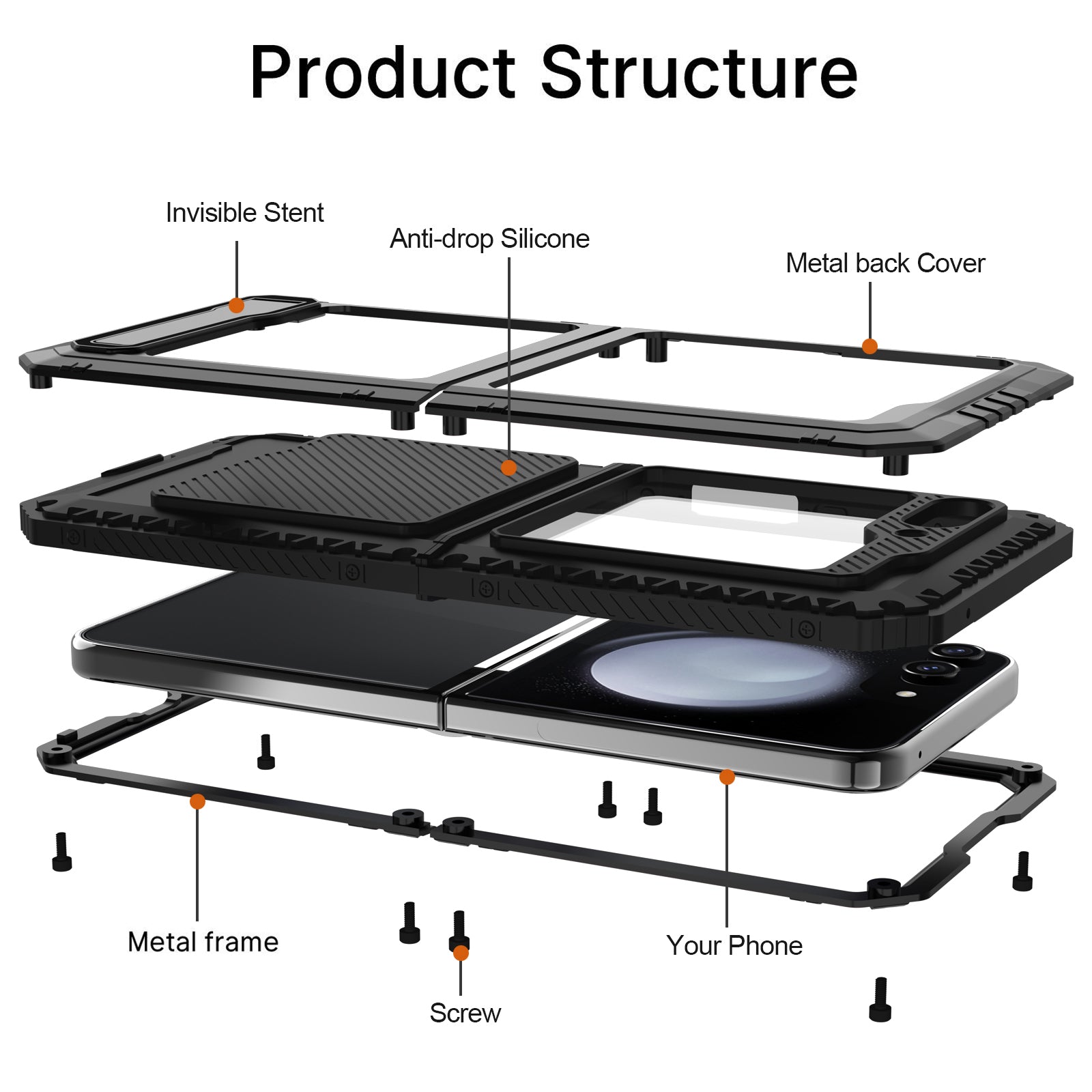 For Samsung Galaxy Z Flip5 5G Shockproof Case Aluminium Alloy + Silicone Kickstand Phone Cover - Black