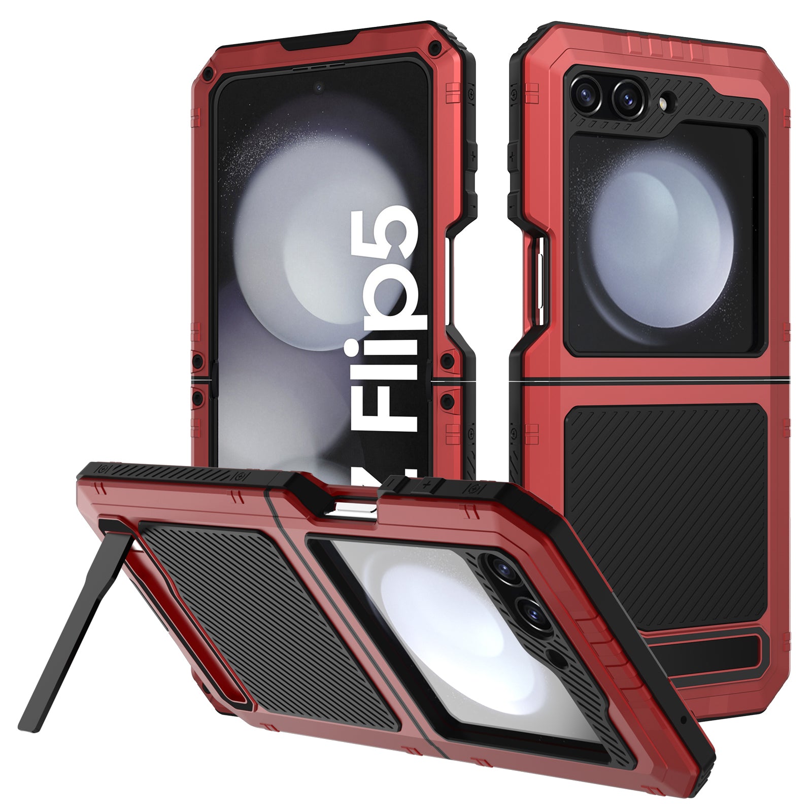 For Samsung Galaxy Z Flip5 5G Shockproof Case Aluminium Alloy + Silicone Kickstand Phone Cover - Black