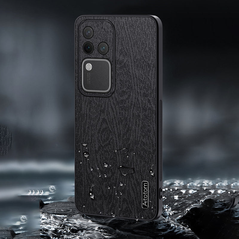 For vivo S18 Pro 5G Case Wood Grain Anti-scratch PU+PC+TPU Protective Shell - Black