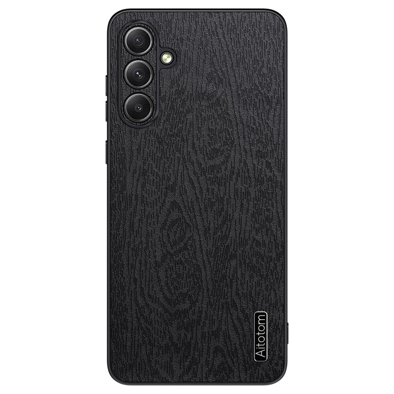 For Samsung Galaxy A35 5G Case Scratch-proof Wood Grain PU+PC+TPU Phone Back Shell - Black