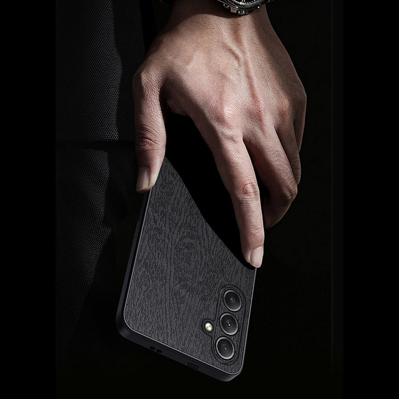 For Samsung Galaxy A35 5G Case Scratch-proof Wood Grain PU+PC+TPU Phone Back Shell - Black