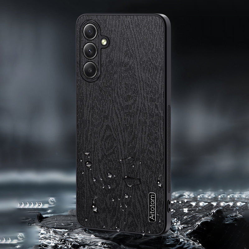 For Samsung Galaxy A35 5G Case Scratch-proof Wood Grain PU+PC+TPU Phone Back Shell - Black