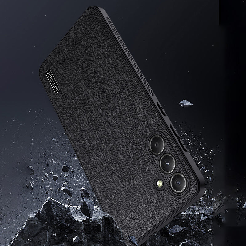 For Samsung Galaxy A35 5G Case Scratch-proof Wood Grain PU+PC+TPU Phone Back Shell - Black