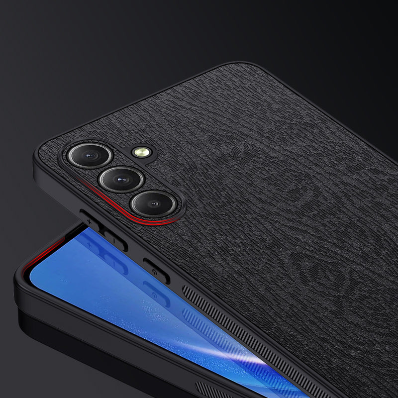 For Samsung Galaxy A35 5G Case Scratch-proof Wood Grain PU+PC+TPU Phone Back Shell - Black