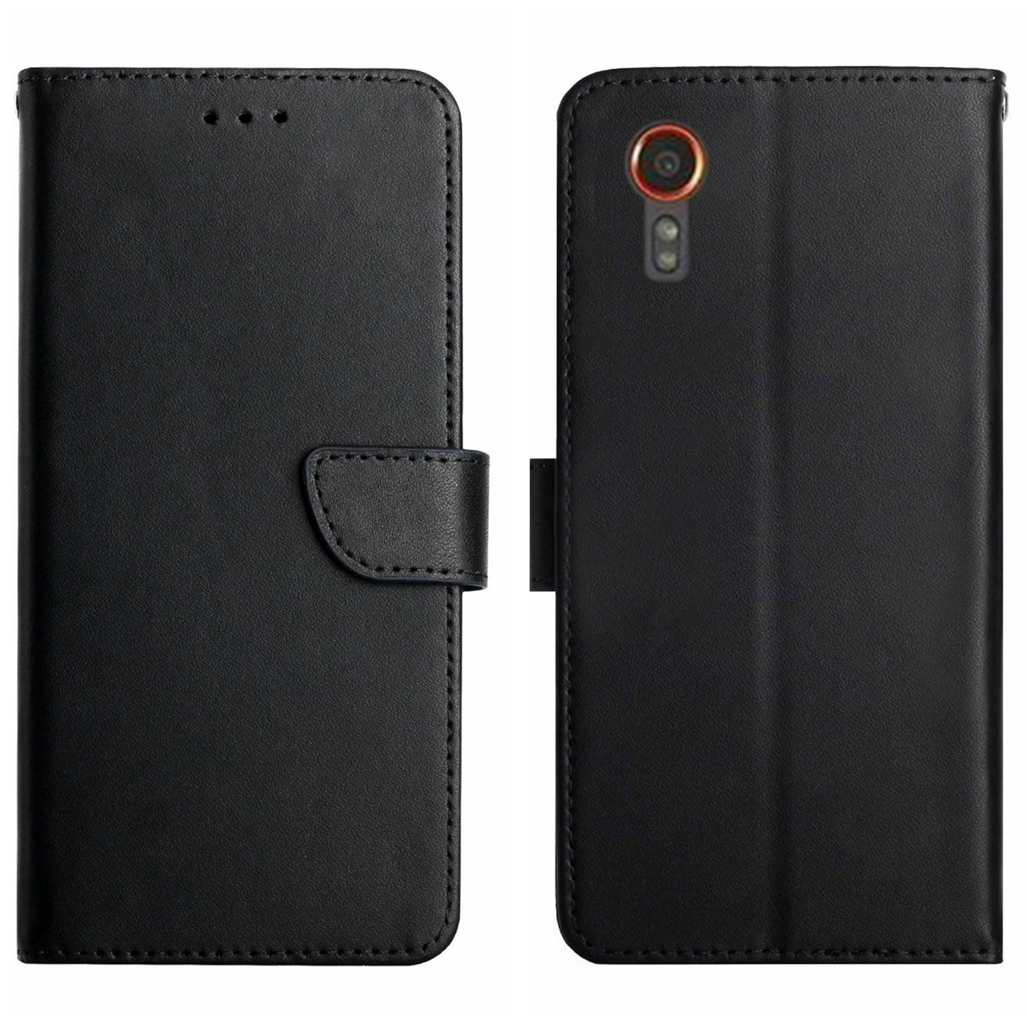 HT02 For Samsung Galaxy Xcover7 Genuine Cow Leather Phone Case Wallet Flip Cover - Black