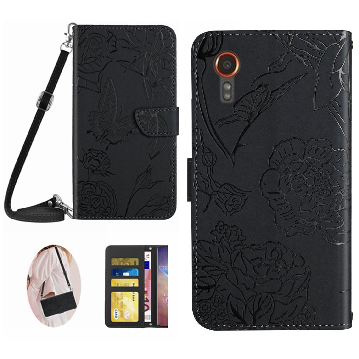 HT03 For Samsung Galaxy Xcover7 Leather Wallet Case Butterfly Flower with Shoulder Strap - Black