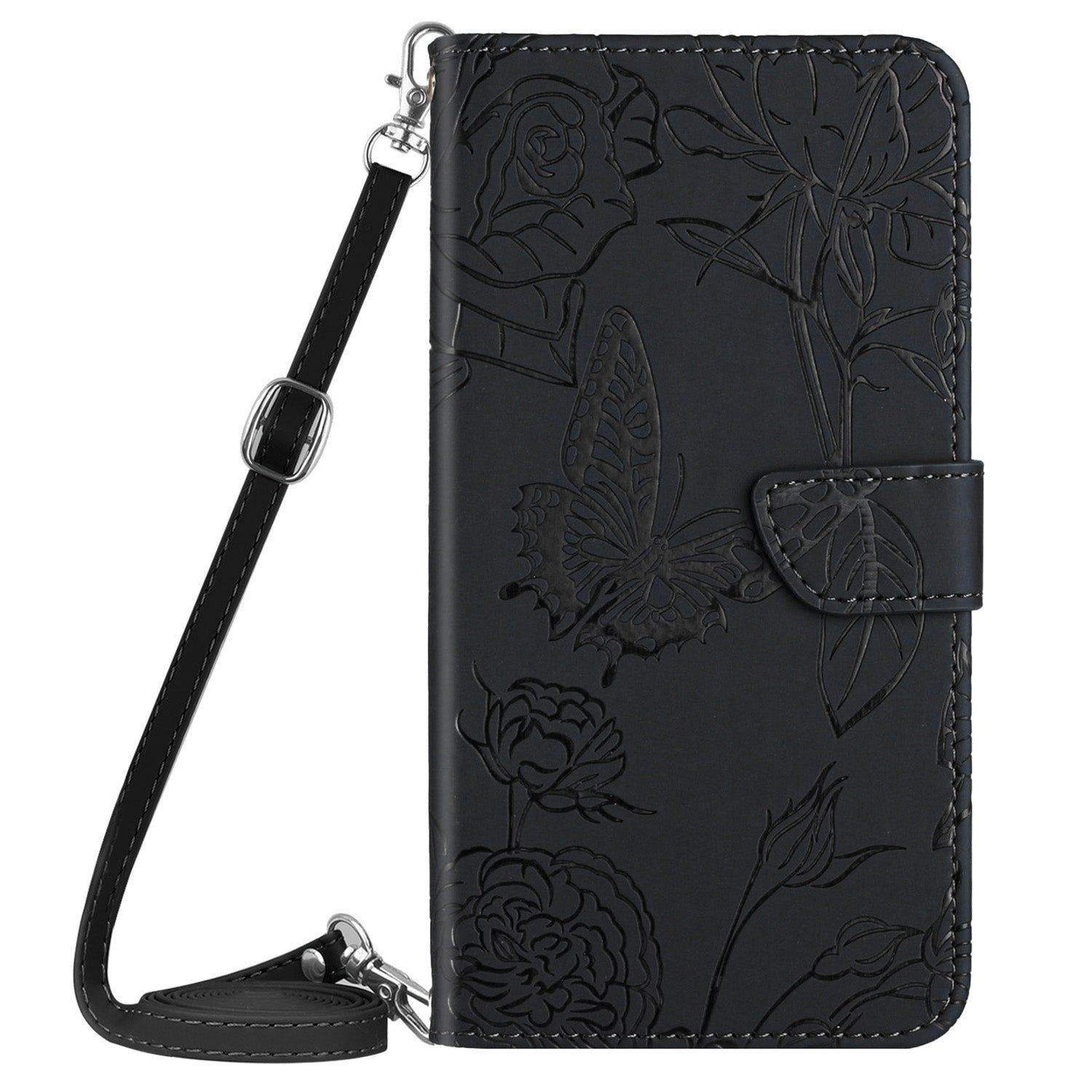 HT03 For Samsung Galaxy Xcover7 Leather Wallet Case Butterfly Flower with Shoulder Strap - Black