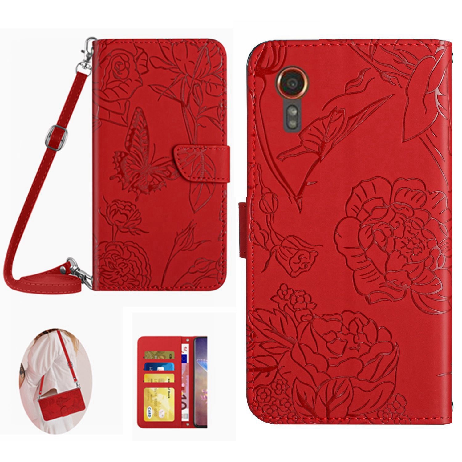 HT03 For Samsung Galaxy Xcover7 Leather Wallet Case Butterfly Flower with Shoulder Strap - Black